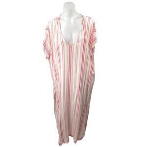 NEW En Creme White Red Striped V-neck Short Sleeve Maxi Kaftan Dress Size 18